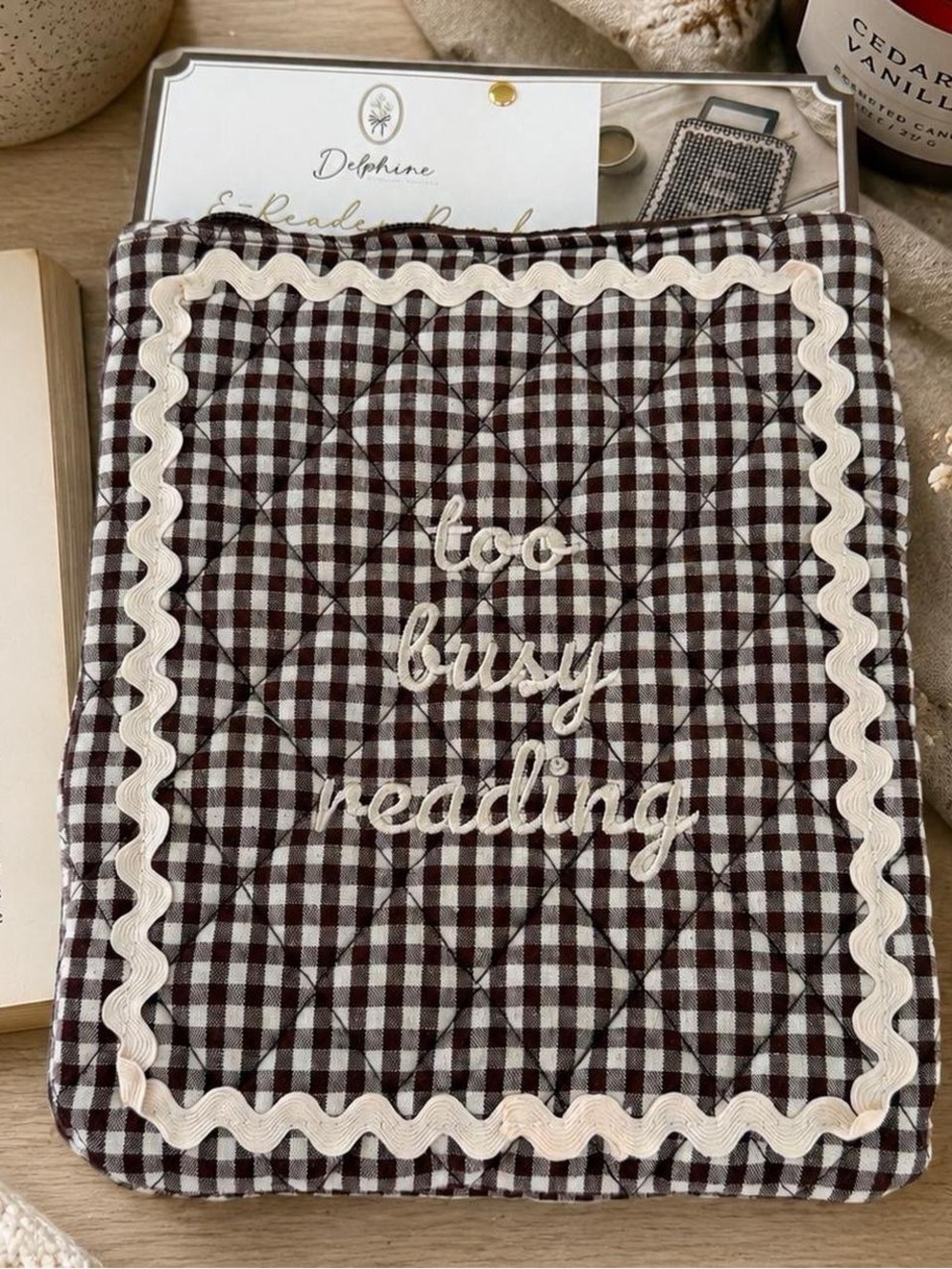 NWT Delphine Brown Gingham Quilted E-Reader Pouch "Too Busy Reading" Book Sleeve